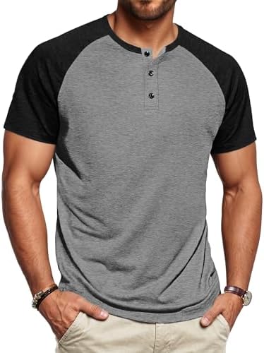 AUSELILY MEN Mens Henley Shirts Cotton Short Sleeve Beach Casual Shirt Camiseta Hombre Dark Gray Black L