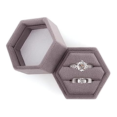 DesignSter Hexagon Velvet Ring Bearer Box - Premium Gorgeous Vintage Double Ring Display Holder with Detachable Lid for Proposal, Engagement, Wedding, Ceremony(Vintage purple) Cover