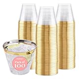 Prestee 100-Pack 9oz Gold Rimmed Plastic Cups Disposable Wine Glasses for Charcuterie, Weddings, Parties, and Events - Elegant Cocktail and Drinking Cups for Champagne, Martini, and Mocktails