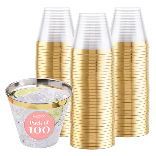 Prestee 100-Pack 9oz Gold Rimmed Plastic Cups...