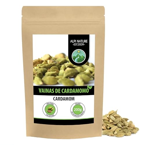 Alpi Nature Cardamomo Entero 200g, Vainas de Cardamomo Verde Enteras con Semillas para Cocinar