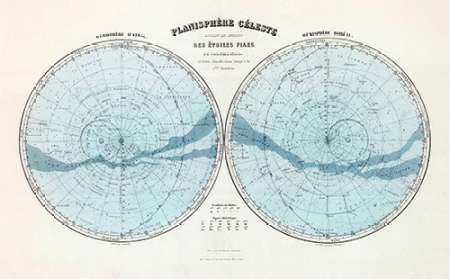 WANDAFBEELDING-op-CANVAS-Planisphere-Celeste-Hemisphere-Austral,-Hemisphere-Boreal,-1892-Migeon-J.-museo-Print-op-canvas-op-houten-frame-voor-wanddecoratie-Afmeting-46_X_77_cm