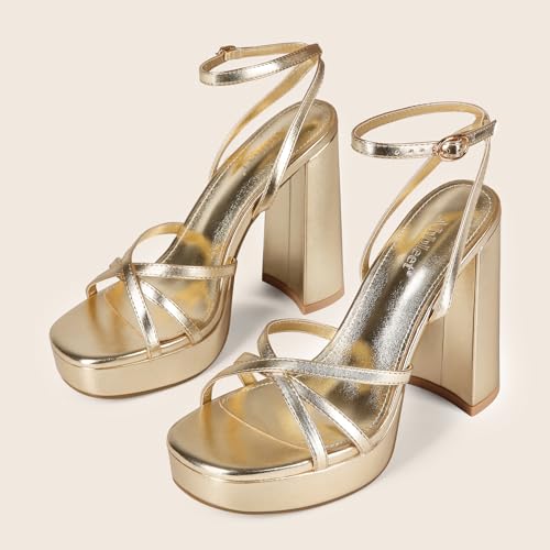 Image of Platform Heels for Women Strappy Chunky Heels Thick High Heel | Lace Up High Heel Sandals Square Open-Toe Tall Wide Block Sandal Wedding Party Evening Prom Dance Dress Shoes