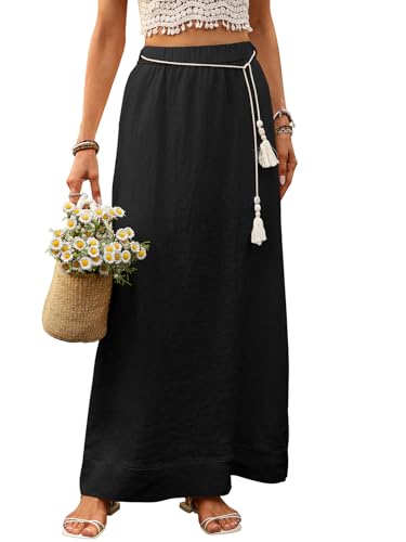 Women's Pure Linen Maxi Skirt with Tassel Belt 100% Linen A Line Wrap Skirts
