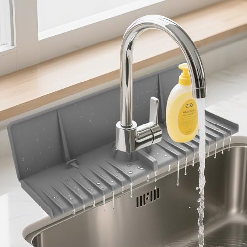 Silicone Faucet Drip Catcher Tray Mat - Upgraded Design - Sink Backsplash Guard Behind Faucet, Silicone Faucet Mat for Dish Soap Sponge Holder, Kitchen Counter Bathroom Kitchen Sink Splash Guard -Grey