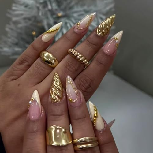 Almond Press on Nails Gold Line Fake Nails Medium Stripe False Nails Press ons with Gold Ball Designs Glossy Luxury Glue on Acrylic Nails for Women Nail Decoration 24Pcs