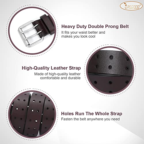Image of JASGOOD Men Double Prong PU Leather Belt Casual Work Heavy Duty Belt Double Grommet Holes Belt for Jeans