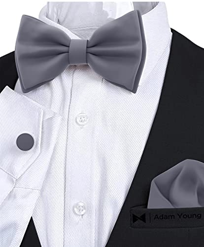 Image of Adam Young Men's Bow Ties with Handkerchief & Cufflinks Pre-Tied Style Formal Satin Classic Bowtie for Tuxedo Faux Silk