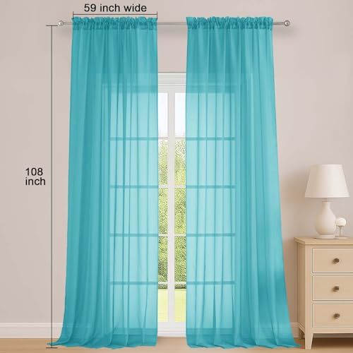 Image of OWENIE Sheer Turquoise Curtains 108 Inches Long for Living Room Bedroom 2 Panels Set, Lightweight Airy Turquoise Sheer Curtain, Filmy Voile Rod Pocket, 2 PCS, Each 59 inch W x 108 inch L