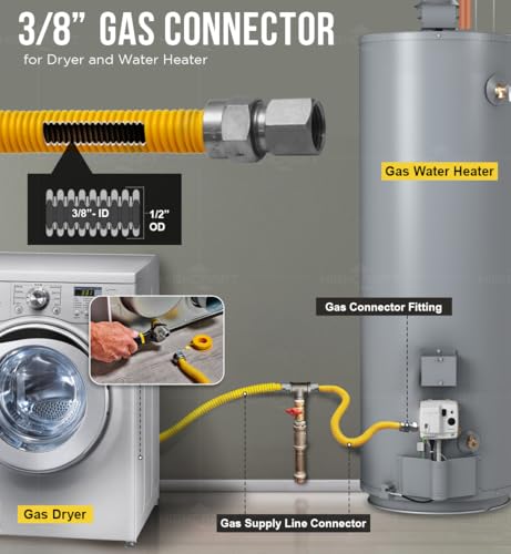 Image of HIGHCRAFT 72 Inch Gas Connector with Fittings, Yellow Coated Gas Connector, 1 /2 inch OD, 3 /8 inch MIP x 3 /8 inch MIP Connection