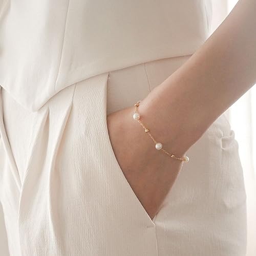 Gold Pearl Bracelets for Women Stainless Steel Adjustable 18K Gold Dainty Pearl Bead Link Simple Cute Women's Bracelet Trend Bridesmaid Jewelry Gifts for Her3