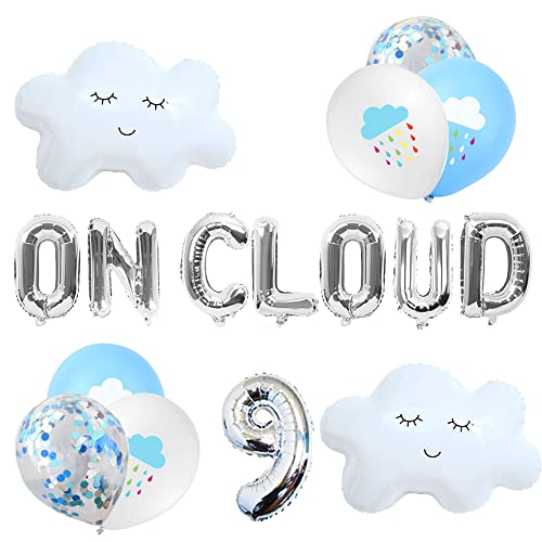 LaVenty 13 PCS Silver On Cloud 9 Balloons 9th Birthday Decoration Nine Years Old Birthday Balloon 9 Party Supplies Cloud Balloon
