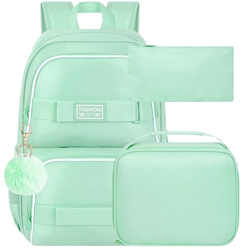HPJGD 3 unidades de mochila para laptop para meninas, mochila escolar resistente à água de 43 cm com lancheira, linda bolsa de livros para adolescentes universitários, Conjunto verde de 3 peças, One