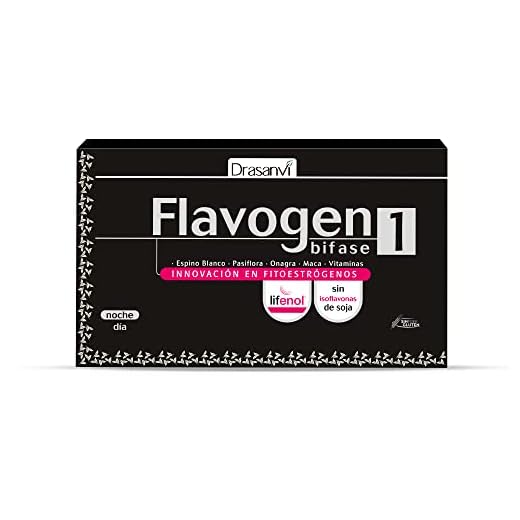 Drasanvi FLAVOGEN BIFASE 1, Ayuda a Regular la Actividad Hormonal, Día: Aceite de Onagra, Maca, Lúpulo, Vitamina A, B6 y D, Noche: Pasiflora, Espino Blanco, Lúpulo, Fitoestrógenos, 60 Cáps. = 30 Días
