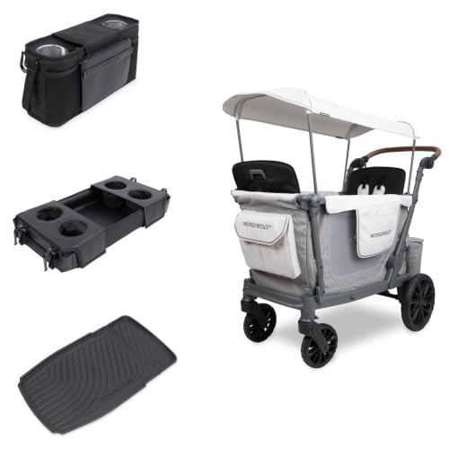 WonderFold L2 Bundle - 2-Seater Stroller Wagon with All-Weather Floor Mat, Flex Snack Tray &amp; Parent Console, Safety-Certified with 5-Point Harnesses - Gray