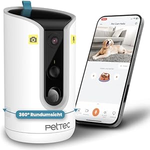 PetTec® Pet Camera 360° and Automatic Feeder with Treat Ejection – via App & Multi Button – Bark Detection – 3MP Night Vision Function – Dog Camera & Cat Camera