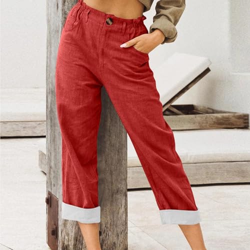 Linen Capris for Women High Waisted Straight Leg Cropped Pants Lightweight Button Summer Casual Pants with Pockets4