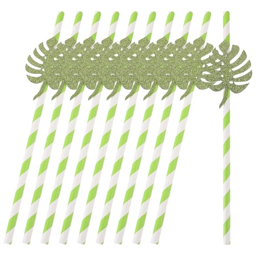 Pitillos desechables de papel 20 cm con hojas Monstera y glitter, pack 10