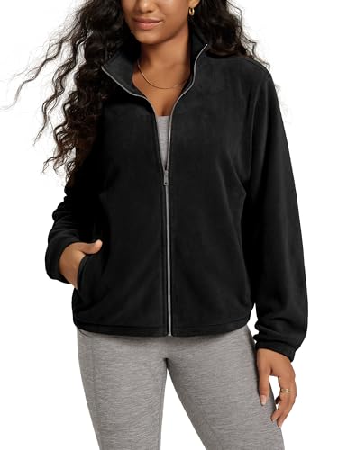 ODODOS Women's Polar Fleece Full-Zip Jacket – Soft Warm Winter Essential Long Sleeve Outerwear with Pockets, Black, Medium