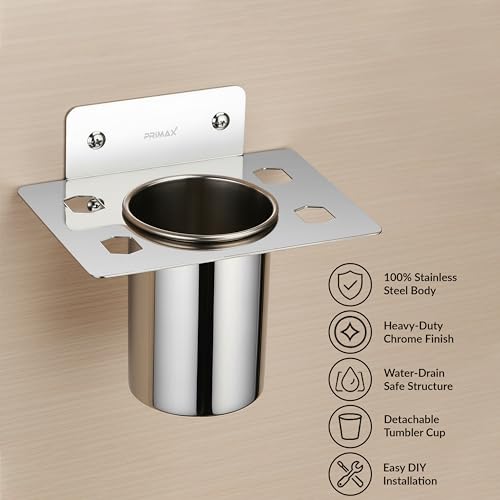 Image of Plantex (Primax) Stainless Steel Tumbler Holder /Tooth Brush Holder /Stand for Bathroom /Bathroom Accessories - Wall Mount (Chrome)