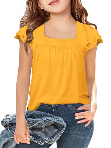 Image of Arshiner Girls Shirts Short Sleeve Square Neck Summer Lace Openwork Pleated Tops Blouse Tunic
