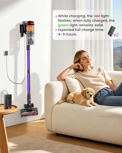 Image of Cordless Vacuum Cleaner, 120Mins Runtime with 2 Batteries, 500W 40KPa Vacuum Cleaners for Home, Green Light Anti-Tangle Brush & Wall Mount Charging, Lightweight for Pet Hair Carpet Hard Floors