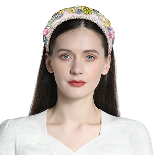 Qianxuan Solid Color Wide Headbands For Women Diamond Rhinestone Headbands For Women Top Knot Headband Crystal Handmade Pearl Girls Hair Accessories Glisten Fashion Embroidered Padded Hairband #TOP1