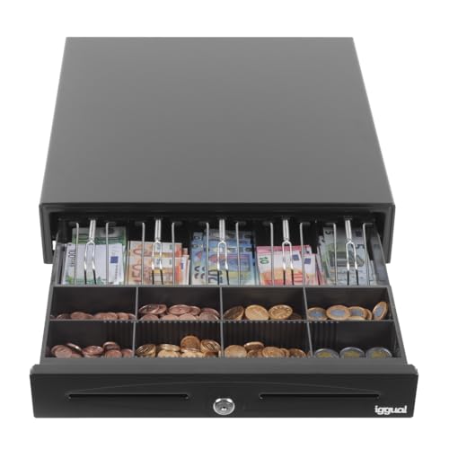 iggual   Cajón Portamonedas IRON 70  Caja Efectivo Registradora Manual o Automática para 5 Billetes y 8 Moneda  Cerradura 3 Posiciones  Material Acero+Plástico  Uso profesional  Negro (44,5x42,5x 9)