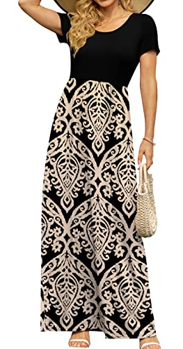 Image of DB MOON Womens 2026 Casual Summer Plus Size Maxi Dresses Short Sleeve Empire Waist Long Dress with Pockets(Black and Gold, 4XL)
