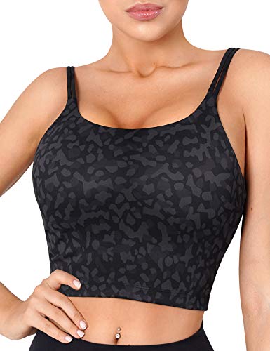 CELER Women s Padded Sports Bra Double Longline Crop Tank Top Fitness Yoga Workout Top, Black Leopard M