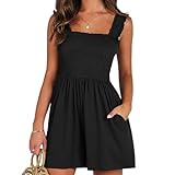 [Eoutegn] レディース サマー カジュアル スモック ロンパース スクエアネック ノースリーブ ルーズ ショーツ ジャンプスーツ 2025 ビーチ バケーション アウトフィット ブラック L