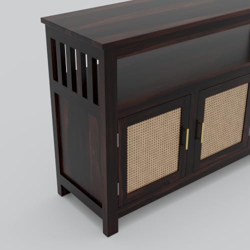 Image of Solid Sheesham Wood Sideboard for Living Room with Cane Doors | 3-Door Storage Unit with Open Shelf | Buffet Cabinet for Dining Room, Entryway & Hallway | Walnut Finish | 140 x 40 x 82 cm
