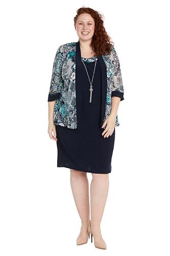 Image of R&M Richards Women's Sheath Dress W /Floral Print Sheer Jacket & Detachable Necklace | Elegant 2-Piece Formal Ensemble