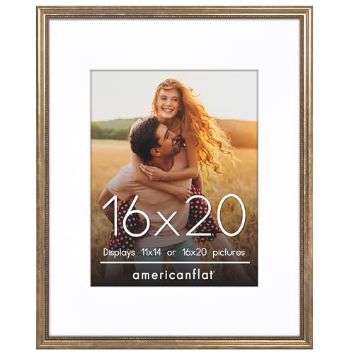 Americanflat Vintage Frames - 16x20 Picture Frame with Beaded Accents and Polished Plexiglass - Use as 11x14 Frame or Display 16x20 Photos Without Mat - Heirloom Collection - Wall Display - Gold