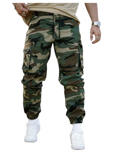 Men's Camo Cargo Pants Streetwear Drawstring Flap Pockets Workout Jogger Pants - Main Image