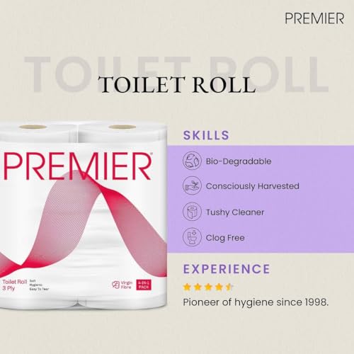 Image of Premier 3 Ply Toilet Tissue Roll (1200 Pulls) | 300 Pulls x 4 Rolls | Biodegradable, Clog Free, Flushable, Easy to Tear | Extra Absorbent Toilet Paper Roll for Home, Office, Bathroom Tissue