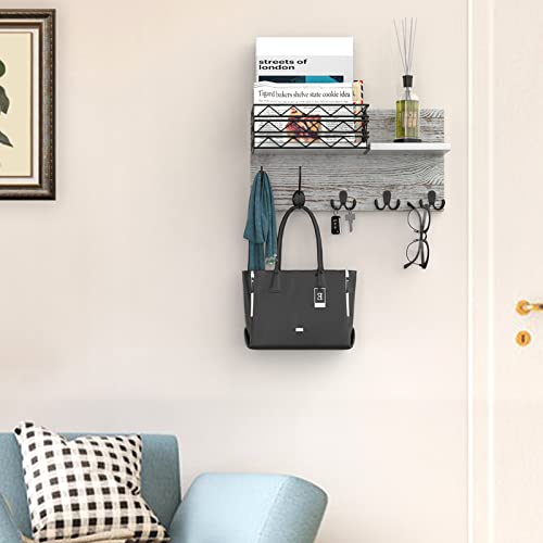 Axtee Key Holder For Wall, Mail Organizer Wall Mount Includes Mail Holder Coat Hooks And 2 Double Wall Hooks, Pine Rustic Home Decor For Keys, Coats, Dog Leashes, Mail- Gray -White #TOP5