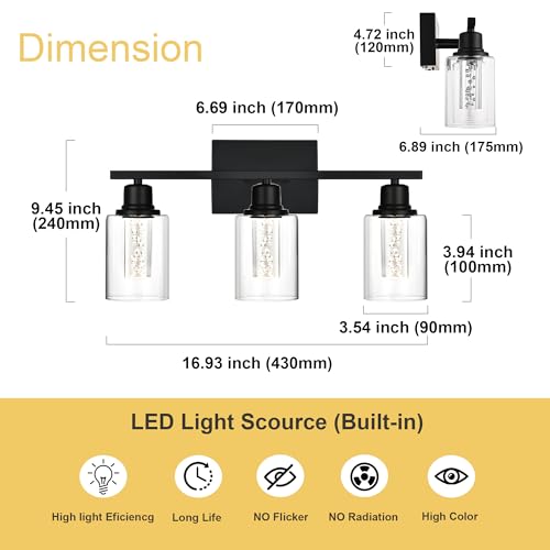 Image of Bathroom Vanity Light Fixtures, 3-Light Integrated LED Lighting Fixtures Over Mirror with Crystal Bulb Clear Glass Shade Modern Black Vanity Light for Bathroom(LED Bulbs Included)