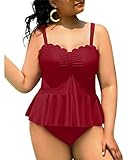 Yonique Women Plus Size 2 Piece Tankini Swimsuits Ruched Bathing Suits Peplum Swimwear Scalloped Swimsuits Burgundy 16 Plus