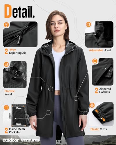 Outdoor Ventures Damen Wasserdicht Regenjacke Lang Windbreaker Übergangsjacke Leichte Atmungsaktiv Outdoorjacke Raincoat Regenparka mit Kapuze Schwarz L