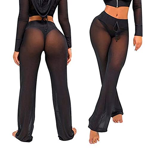 HUDFERG Womens See Through Sheer Mesh Chiffon Beach Pants Wide Leg High Waist Flared Bikini Bottom Cover-Ups (Black, M)