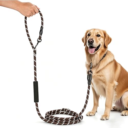 Guinzaglio per cani di taglia grande e media – Ricihene doppio guinzaglio regolabile in nylon con 2 moschettoni e 3 anelli – 3 m x 15 mm – marrone