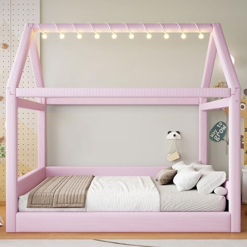 Image of Full Size Cute Corduroy Fabric Upholstered House Daybed with LED Light Strips and Vertical Striped Design, Low Solid Wood Platform Bed with Roof Frame for Kids Teens Girls Boys Bedroom (Pink-01)