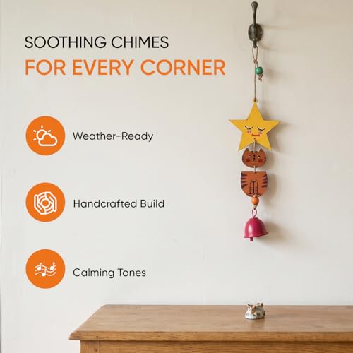 Image of Aakriti Art Creations Orange Kitty Wind Chime Multicolor | Handmade Modern Art Wooden & Metal Wind Chime | Matte Decorative Wind Chimes for Balcony, Garden, Living Room & Gifting