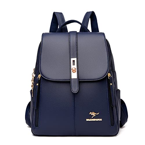 Mochila Feminina de Couro PU Antifurto Moda Simples Mochila Pequena Impermeável Vintage E Versátil Casual Bolsa Viagem Multiuso MT625 (Azul)