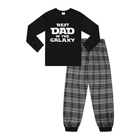 ThePyjamaFactory Mens Best Dad In The Galaxy Long Black Pyjama Set Checked Bottoms (XXX-Large) Cover