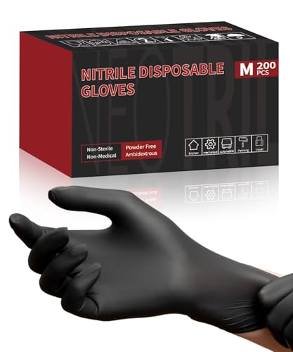 NEOTRIL 4-Mil Black Nitrile Disposable Gloves with Textured Grip, Latex Free & Powder Free, Chemical Resistant Rubber Gloves for Household Cleaning Kitchen Cooking 200Pcs Size/S