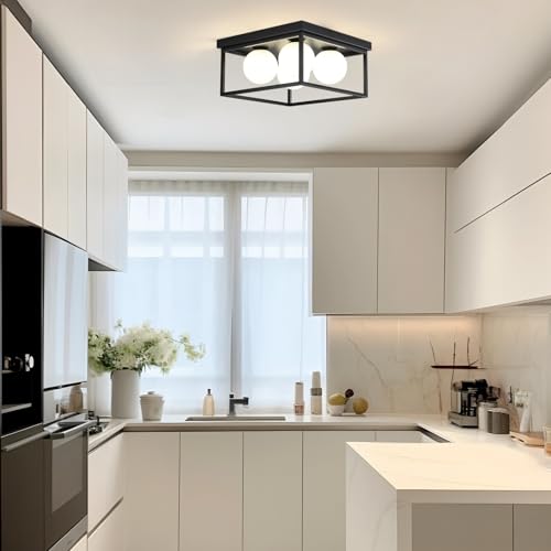 Image of Flush Mount Ceiling Light, 12.6 inch Close to Ceiling Light Fixtures with Globe Glass Shade, 4-Light Black Ceiling Light Fixture for Bedroom Kitchen Hallway Living Room Dining Room Entryway