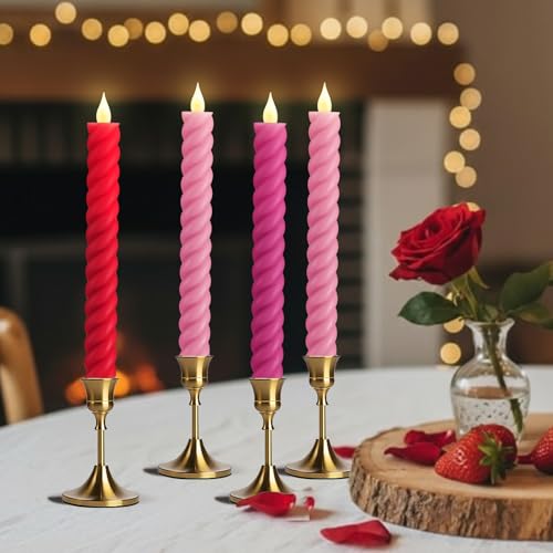 Image of Baquler 6 Pcs Flameless Taper Candle Pink and Red Twisted LED 9.65 Inch Taper Candles Battery Operated Twisted Candlestick for Spring Birthday Home Party Dinner Table Decor