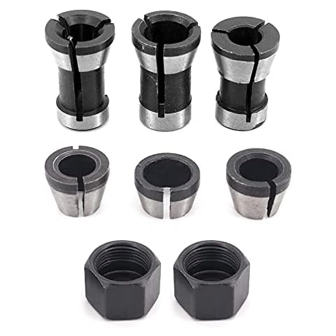 Oberfräsen-Spannzangenfutter, 6 Stück, Stahl-Oberfräsen-Spannzangen, Klemmadapter für Holzbearbeitung, Gravur, Trimmmaschine, Werkzeug - 6 mm 6,35 mm 8 mm + 2 Muttern Cover